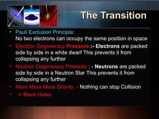 TThhee TTrraannssiittiioonn 
• Pauli Exclusion Principle: 
No two electrons can occupy the same position in space 
• Electron Degeneracy Pressure :- Electrons are packed 
side by side in a white dwarf This prevents it from 
collapsing any further 
• Neutron Degeneracy Pressure : - Neutrons are packed 
side by side in a Neutron Star This prevents it from 
collapsing any further 
• More Mass More Gravity :- Nothing can stop Collision 
• -> Black Holes 
 