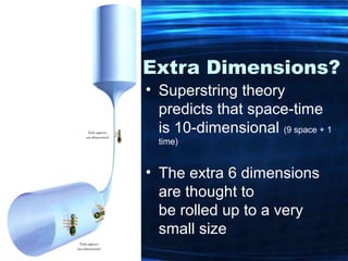 Extra Dimensions? 
• Superstring theory 
predicts that space-time 
is 10-dimensional (9 space + 1 
time) 
• The extra 6 dimensions 
are thought to 
be rolled up to a very 
small size 
 