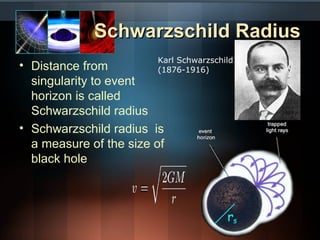 SScchhwwaarrzzsscchhiilldd RRaaddiiuuss 
Karl Schwarzschild 
(1876-1916) 
• Distance from 
singularity to event 
horizon is called 
Schwarzschild radius 
• Schwarzschild radius is 
a measure of the size of 
black hole 
 
