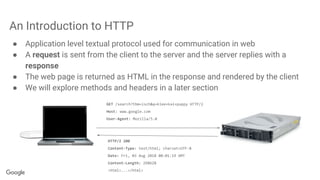 An Introduction to HTTP
● Application level textual protocol used for communication in web
● A request is sent from the client to the server and the server replies with a
response
● The web page is returned as HTML in the response and rendered by the client
● We will explore methods and headers in a later section
GET /search?tbm=isch&q=klee+kai+puppy HTTP/2
Host: www.google.com
User-Agent: Mozilla/5.0
HTTP/2 200
Content-Type: text/html; charset=UTF-8
Date: Fri, 03 Aug 2018 00:01:19 GMT
Content-Length: 298628
<html>...</html>
 