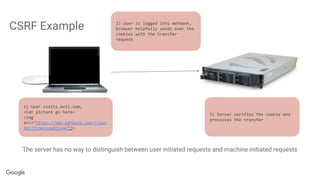 CSRF Example
The server has no way to distinguish between user initiated requests and machine initiated requests
1) User visits evil.com,
<Cat picture go here>
<img
src="https://www.mehbank.com/trasn
fer?from=you&to=me"/>
2) User is logged into mehbank,
browser helpfully sends over the
cookies with the transfer
request
3) Server verifies the cookie and
processes the transfer
 