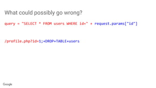 What could possibly go wrong?
query = "SELECT * FROM users WHERE id=" + request.params["id"]
/profile.php?id=1;+DROP+TABLE+users
 