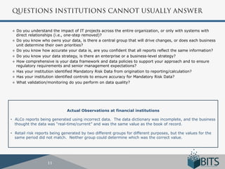 QUESTIONS INSTITUTIONS CANNOT USUALLY ANSWER


u  Do  you understand the impact of IT projects across the entire organization, or only with systems with
    direct relationships (i.e., one-step removed)?
u  Do you know who owns your data, is there a central group that will drive changes, or does each business
    unit determine their own priorities?
u  Do you know how accurate your data is, are you confident that all reports reflect the same information?
u  Do you know your data strategy, is there an enterprise or a business-level strategy?
u  How comprehensive is your data framework and data policies to support your approach and to ensure
    regulatory requirements and senior management expectations?
u  Has your institution identified Mandatory Risk Data from origination to reporting/calculation?
u  Has your institution identified controls to ensure accuracy for Mandatory Risk Data?
u  What validation/monitoring do you perform on data quality?




                              Actual Observations at financial institutions

•  ALCo reports being generated using incorrect data. The data dictionary was incomplete, and the business
   thought the data was “real-time/current” and was the same value as the book of record.

•  Retail risk reports being generated by two different groups for different purposes, but the values for the
   same period did not match. Neither group could determine which was the correct value.




                    11
 