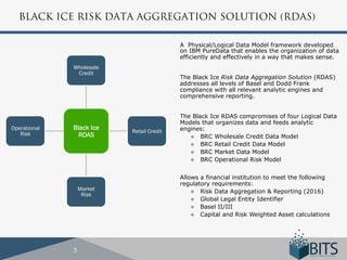 BLACK ICE RISK DATA AGGREGATION SOLUTION (RDAS)

                                           A Physical/Logical Data Model framework developed
                                           on IBM PureData that enables the organization of data
                                           efficiently and effectively in a way that makes sense.
              Wholesale
               Credit
                                           The Black Ice Risk Data Aggregation Solution (RDAS)
                                           addresses all levels of Basel and Dodd Frank
                                           compliance with all relevant analytic engines and
                                           comprehensive reporting.


                                           The Black Ice RDAS compromises of four Logical Data
                                           Models that organizes data and feeds analytic
Operational   Black Ice    Retail Credit   engines:
   Risk         RDAS                          u  BRC Wholesale Credit Data Model
                                              u  BRC Retail Credit Data Model
                                              u  BRC Market Data Model
                                              u  BRC Operational Risk Model


                                           Allows a financial institution to meet the following
                                           regulatory requirements:
                  Market                       u  Risk Data Aggregation & Reporting (2016)
                   Risk
                                               u  Global Legal Entity Identifier
                                               u  Basel II/III
                                               u  Capital and Risk Weighted Asset calculations




              5
 