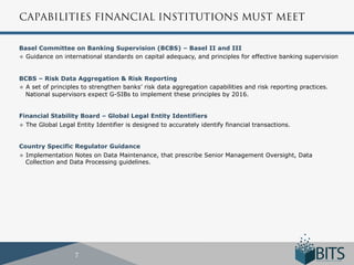 CAPABILITIES FINANCIAL INSTITUTIONS MUST MEET


Basel Committee on Banking Supervision (BCBS) – Basel II and III
u  Guidance on international standards on capital adequacy, and principles for effective banking supervision



BCBS – Risk Data Aggregation & Risk Reporting
u  A set of principles to strengthen banks’ risk data aggregation capabilities and risk reporting practices.
    National supervisors expect G-SIBs to implement these principles by 2016.


Financial Stability Board – Global Legal Entity Identifiers
u  The Global Legal Entity Identifier is designed to accurately identify financial transactions.



Country Specific Regulator Guidance
u  ImplementationNotes on Data Maintenance, that prescribe Senior Management Oversight, Data
  Collection and Data Processing guidelines.




                     7
 