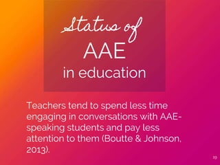 19
Status of
AAE
in education
Teachers tend to spend less time
engaging in conversations with AAE-
speaking students and pay less
attention to them (Boutte & Johnson,
2013).
 