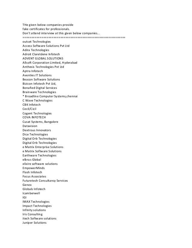 Fake Software Company List In Bangalore 2015