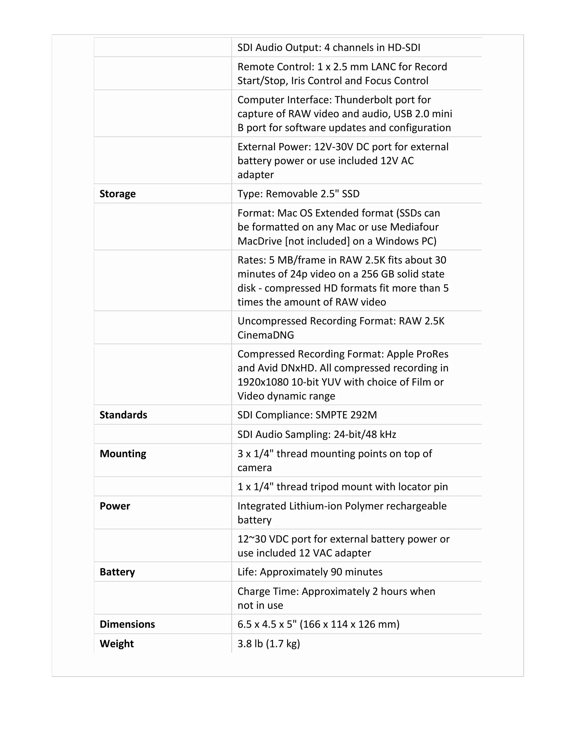 SDI Audio Output: 4 channels in HD-SDI
Remote Control: 1 x 2.5 mm LANC for Record
Start/Stop, Iris Control and Focus Control
Computer Interface: Thunderbolt port for
capture of RAW video and audio, USB 2.0 mini
B port for software updates and configuration
External Power: 12V-30V DC port for external
battery power or use included 12V AC
adapter
Storage

Type: Removable 2.5" SSD
Format: Mac OS Extended format (SSDs can
be formatted on any Mac or use Mediafour
MacDrive [not included] on a Windows PC)
Rates: 5 MB/frame in RAW 2.5K fits about 30
minutes of 24p video on a 256 GB solid state
disk - compressed HD formats fit more than 5
times the amount of RAW video
Uncompressed Recording Format: RAW 2.5K
CinemaDNG
Compressed Recording Format: Apple ProRes
and Avid DNxHD. All compressed recording in
1920x1080 10-bit YUV with choice of Film or
Video dynamic range

Standards

SDI Compliance: SMPTE 292M
SDI Audio Sampling: 24-bit/48 kHz

Mounting

3 x 1/4" thread mounting points on top of
camera
1 x 1/4" thread tripod mount with locator pin

Power

Integrated Lithium-ion Polymer rechargeable
battery
12~30 VDC port for external battery power or
use included 12 VAC adapter

Battery

Life: Approximately 90 minutes
Charge Time: Approximately 2 hours when
not in use

Dimensions

6.5 x 4.5 x 5" (166 x 114 x 126 mm)

Weight

3.8 lb (1.7 kg)

 