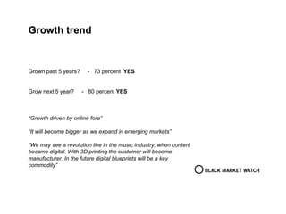 Growth trend
Grown past 5 years? - 73 percent YES
Grow next 5 year? - 80 percent YES
“Growth driven by online fora”
“It will become bigger as we expand in emerging markets”
“We may see a revolution like in the music industry, when content
became digital. With 3D printing the customer will become
manufacturer. In the future digital blueprints will be a key
commodity”
 
