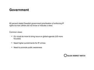 Government
80 percent stated Swedish government prioritisation of enforcing IP
rights too low (others did not know or indicate a view)
Common views:
- EU could do more to bring issue on global agenda (US more
focused)
- Need higher punishments for IP crimes
- Need to promote public awareness
 