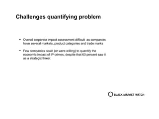Challenges quantifying problem
- Overall corporate impact assessment difficult as companies
have several markets, product categories and trade marks
- Few companies could (or were willing) to quantify the
economic impact of IP crimes, despite that 60 percent saw it
as a strategic threat
 