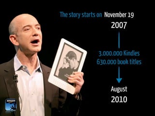 The story starts on November 19
                     2007

                3.000.000 Kindles
               630.000 book titles


                     August
                     2010
 