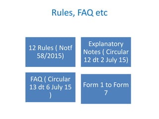 Rules, FAQ etc
12 Rules ( Notf
58/2015)
Explanatory
Notes ( Circular
12 dt 2 July 15)
FAQ ( Circular
13 dt 6 July 15
)
Form 1 to Form
7
 