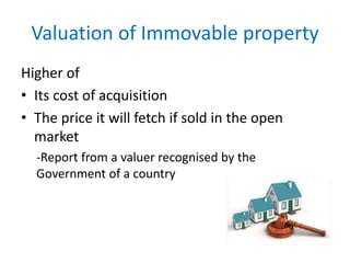 Valuation of Immovable property
Higher of
• Its cost of acquisition
• The price it will fetch if sold in the open
market
-Report from a valuer recognised by the
Government of a country
 