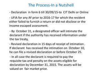 The Process-In a Nutshell
- Declaration in form 6 till 30/09/15-to CIT Delhi or Online
- UFIA for any AY prior to 2016-17 for which the resident
either failed to furnish a return or did not disclose or the
income escaped assessment.
- By October 31, a designated officer will intimate the
declarant if the authority has received information under
the tax treaty,
- Revised declaration in 15 days of receipt of intimation .
If declarant has received the intimation on October 10,
he can file a revised declaration or before October 25.
- In all case the declarant is required to pay the
requisite tax and penalty on the assets eligible for
declaration by December 31, 2015. The assets will be
valued on fair market price.
 