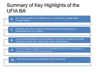 6.
7.
8.
9.
10.
Rs.10 Lakhs penalty for non-filing of return / not furnishing complete details
of foreign assets.
Prosecution for various violations (including abetment) including rigorous
imprisonment from 3 to 10 years.
Tax and penalty proposed to be calculated at current value of assets as per rules
instead of purchase value , Bank asset value is total of deposit
original purchase price
One time compliance opportunity to be availed before 30 sep 2015, by paying 30% tax
and equal penalty, no interest and prosecution
Only bank account up to total balance of Rs 5 lac exempt
Summary of Key Highlights of the
UFIA Bill
 