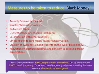 • Amnesty Scheme by the govt.
• Simplify/Rationalize tax laws.
• Reduce red tapism.
• Use technology for economic intelligence.
• Co-ordination with other countries.
• Stringent laws to curb money laundering/corruption.
• Creation of awareness among students on the evil of black money.
• Regulation on election spendings and donation to political parties/
organizations.
Measures to be taken to reduce ‘Black Money’.
Fact: Every year almost 80000 people travels Switzerland. Out of these around
25000 travels frequently. Those who travel frequently might be travelling for some
reasons, this should be investigated.
 