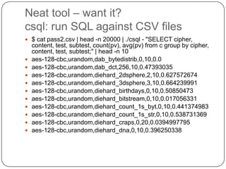 Neat tool – want it?
csql: run SQL against CSV files
 $ cat pass2.csv | head -n 20000 | ./csql - "SELECT cipher,
    content, test, subtest, count(pv), avg(pv) from c group by cipher,
    content, test, subtest;" | head -n 10
   aes-128-cbc,urandom,dab_bytedistrib,0,10,0.0
   aes-128-cbc,urandom,dab_dct,256,10,0.47393035
   aes-128-cbc,urandom,diehard_2dsphere,2,10,0.627572674
   aes-128-cbc,urandom,diehard_3dsphere,3,10,0.664239991
   aes-128-cbc,urandom,diehard_birthdays,0,10,0.50850473
   aes-128-cbc,urandom,diehard_bitstream,0,10,0.017056331
   aes-128-cbc,urandom,diehard_count_1s_byt,0,10,0.441374983
   aes-128-cbc,urandom,diehard_count_1s_str,0,10,0.538731369
   aes-128-cbc,urandom,diehard_craps,0,20,0.0394997795
   aes-128-cbc,urandom,diehard_dna,0,10,0.396250338
 