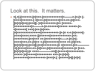 Look at this. It matters.
 +[,+[-[>+>+<<-]>[<+>-]+>>++++++++[<-------->-]<-[< [-
  ]>>>+[<+<+>>-] <[>+<-]<[<++>>>+[<+<->>-]<[>+<-
  ]]>[<]<]>>[-]<<<[[- ]<[>>+>+<<<-]>> [<<+>>-
  ]>>++++++++[<-------->-]<->>++++[<++++ ++++>-]<-
  <[>>>+<<[ >+>[-]<<-]>[<+>-
  ]>[<<<<<+>>>>++++[<++++++++>-]>-]< <-<-]>[<<<<[-
  ]>>>>[<<<<->>>>-]]<<++++[<<++++++++>>-]<<-
  [>>+>+<<<-]>>[<<+ >>-]+>>+++++[<----->-]<-[<[-
  ]>>>+[<+<->>-]<[>+ <-]<[<++>>>+[<+<+ >>-]<[>+<-
  ]]>[<]<]>>[-]<<<[[-]<<[>>+>+<<<-]> >[<<+>>-]+>------------
  [<[-]>>>+[<+<->>-]<[>+<-]<[<++>>>+[<+<+>>-]< [>+<-
  ]]>[<]<]>>[-]< <<<<------------->>[[-]+++++[<<+++++>>-
  ]<<+>> ]<[>++++[<<+++++++ +>>-]<-]>]<[-
  ]++++++++[<++++++++>-]<+>]<.[ -]+>>+<]>[[-]<]<]
 