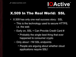 X.509 In The Real World: SSL
• X.509 has only one real success story: SSL
– This is the technology used to secure HTTPS,
i.e. the web
– Early on, SSL = Can Provide Credit Card #
• Probably the single best thing that ever
happened to consumer crypto
– Only about ~1M SSL endpoints
• People are arguing about whether cloud
applications require SSL!
 