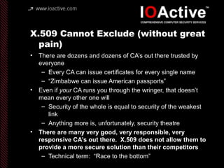 X.509 Cannot Exclude (without great
pain)
• There are dozens and dozens of CA’s out there trusted by
everyone
– Every CA can issue certificates for every single name
– “Zimbabwe can issue American passports”
• Even if your CA runs you through the wringer, that doesn’t
mean every other one will
– Security of the whole is equal to security of the weakest
link
– Anything more is, unfortunately, security theatre
• There are many very good, very responsible, very
responsive CA’s out there. X.509 does not allow them to
provide a more secure solution than their competitors
– Technical term: “Race to the bottom”
 