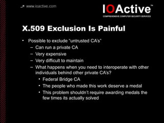 X.509 Exclusion Is Painful
• Possible to exclude “untrusted CA’s”
– Can run a private CA
– Very expensive
– Very difficult to maintain
– What happens when you need to interoperate with other
individuals behind other private CA’s?
• Federal Bridge CA
• The people who made this work deserve a medal
• This problem shouldn’t require awarding medals the
few times its actually solved
 