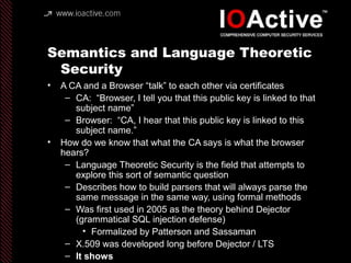 Semantics and Language Theoretic
Security
• A CA and a Browser “talk” to each other via certificates
– CA: “Browser, I tell you that this public key is linked to that
subject name”
– Browser: “CA, I hear that this public key is linked to this
subject name.”
• How do we know that what the CA says is what the browser
hears?
– Language Theoretic Security is the field that attempts to
explore this sort of semantic question
– Describes how to build parsers that will always parse the
same message in the same way, using formal methods
– Was first used in 2005 as the theory behind Dejector
(grammatical SQL injection defense)
• Formalized by Patterson and Sassaman
– X.509 was developed long before Dejector / LTS
– It shows
 