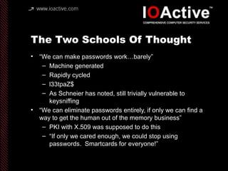 The Two Schools Of Thought
• “We can make passwords work…barely”
– Machine generated
– Rapidly cycled
– l33tpaZ$
– As Schn...