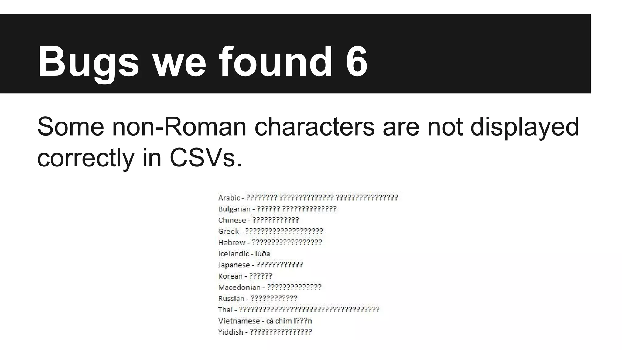 Bugs we found 6 Some non-Roman characters are not displayed correctly in CSVs. 
