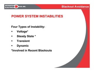 POWER SYSTEM INSTABILITIES
Four Types of Instability:
Voltage*
Steady State *
Transient
Dynamic
*Involved in Recent Blackouts
Blackout Avoidance
 