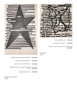 especially the famous song of celine dion! ― ANONYMOUS
Tooske Nevels made this poem. ― ANONYMOUS
that's true!!! I LOVE THE MOVIE ― ANONYMOUS
beautiful! i don't know why but it reminds me of the movie
titanic ― ANONYMOUS
nice job! yourida Greece ― ANONYMOUS
Bridgette van der Meer
The NL
-Fanny Dupuy (France) ― ANONYMOUS
It represents me so I like it! ― ANONYMOUS
I think you forgot 'animals', don't you like kraaien?
― ANONYMOUS
Twan Vader
The NL
 