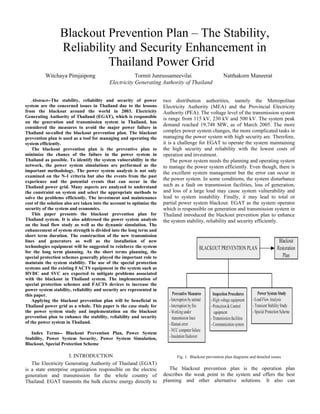 Abstract--The stability, reliability and security of power
system are the concerned issues in Thailand due to the lessons
from the blackout around the world in 2003. Electricity
Generating Authority of Thailand (EGAT), which is responsible
on the generation and transmission system in Thailand, has
considered the measures to avoid the major power failure in
Thailand so-called the blackout prevention plan. The blackout
prevention plan is used as a tool for managing and operating the
system efficiently.
The blackout prevention plan is the preventive plan to
minimize the chance of the failure in the power system in
Thailand as possible. To identify the system vulnerability in the
network, the power system simulations are performed as the
important methodology. The power system analysis is not only
examined on the N-1 criteria but also the events from the past
experience and the potential events that can occur in the
Thailand power grid. Many aspects are analyzed to understand
the constraint on system and select the appropriate methods to
solve the problems efficiently. The investment and maintenance
cost of the solution also are taken into the account to optimize the
security of the system and economics.
This paper presents the blackout prevention plan for
Thailand system. It is also addressed the power system analysis
on the load flow study as well as the dynamic simulation. The
enhancement of system strength is divided into the long term and
short term duration. The construction of the new transmission
lines and generators as well as the installation of new
technologies equipment will be suggested to reinforce the system
for the long term planning. As the short terms planning, the
special protection schemes generally played the important role to
maintain the system stability. The use of the special protection
systems and the existing FACTS equipment in the system such as
HVDC and SVC are expected to mitigate problems associated
with the blackout in Thailand system. The implementation of
special protection schemes and FACTS devices to increase the
power system stability, reliability and security are represented in
this paper.
Applying the blackout prevention plan will be beneficial to
Thailand power grid as a whole. This paper is the case study for
the power system study and implementation on the blackout
prevention plan to enhance the stability, reliability and security
of the power system in Thailand.
Index Terms-- Blackout Prevention Plan, Power System
Stability, Power System Security, Power System Simulation,
Blackout, Special Protection Scheme
I. INTRODUCTION
The Electricity Generating Authority of Thailand (EGAT)
is a state enterprise organization responsible on the electric
generation and transmission for the whole country of
Thailand. EGAT transmits the bulk electric energy directly to
two distribution authorities, namely the Metropolitan
Electricity Authority (MEA) and the Provincial Electricity
Authority (PEA). The voltage level of the transmission system
is range from 115 kV, 230 kV and 500 kV. The system peak
demand reached 19,748 MW, as of March 2005. The more
complex power system changes, the more complicated tasks in
managing the power system with high security are. Therefore,
it is a challenge for EGAT to operate the system maintaining
the high security and reliability with the lowest costs of
operation and investment.
The power system needs the planning and operating system
to manage the power system efficiently. Even though, there is
the excellent system management but the error can occur in
the power system. In some conditions, the system disturbance
such as a fault on transmission facilities, loss of generation,
and loss of a large load may cause system vulnerability and
lead to system instability. Finally, it may lead to total or
partial power system blackout. EGAT as the system operator
which is responsible on generation and transmission system in
Thailand introduced the blackout prevention plan to enhance
the system stability, reliability and security efficiently.
Fig. 1. Blackout prevention plan diagrams and detailed issues
The blackout prevention plan is the operation plan
describes the weak point in the system and offers the best
planning and other alternative solutions. It also can
Witchaya Pimjaipong Tormit Junrussameevilai Natthakorn Maneerat
Electricity Generating Authority of Thailand
Blackout Prevention Plan – The Stability,
Reliability and Security Enhancement in
Thailand Power Grid
 