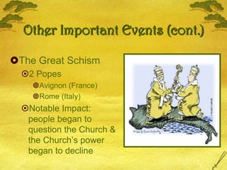 Other Important Events (cont.)The Great Schism2 Popes Avignon (France)Rome (Italy)Notable Impact: people began to question the Church & the Church’s power began to decline