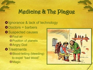 Medicine & The PlagueIgnorance & lack of technology Doctors = barbersSuspected causesFoul airPosition of planetsAngry GodTreatmentsBlood-letting (bleeding)   to expel “bad blood”Magic