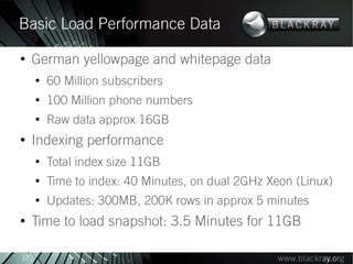 Basic Load Performance Data
●
     German yellowpage and whitepage data
     ●
         60 Million subscribers
     ●
         100 Million phone numbers
     ●
         Raw data approx 16GB
●
     Indexing performance
     ●
         Total index size 11GB
     ●
         Time to index: 40 Minutes, on dual 2GHz Xeon (Linux)
     ●
         Updates: 300MB, 200K rows in approx 5 minutes
●
     Time to load snapshot: 3.5 Minutes for 11GB

17
 