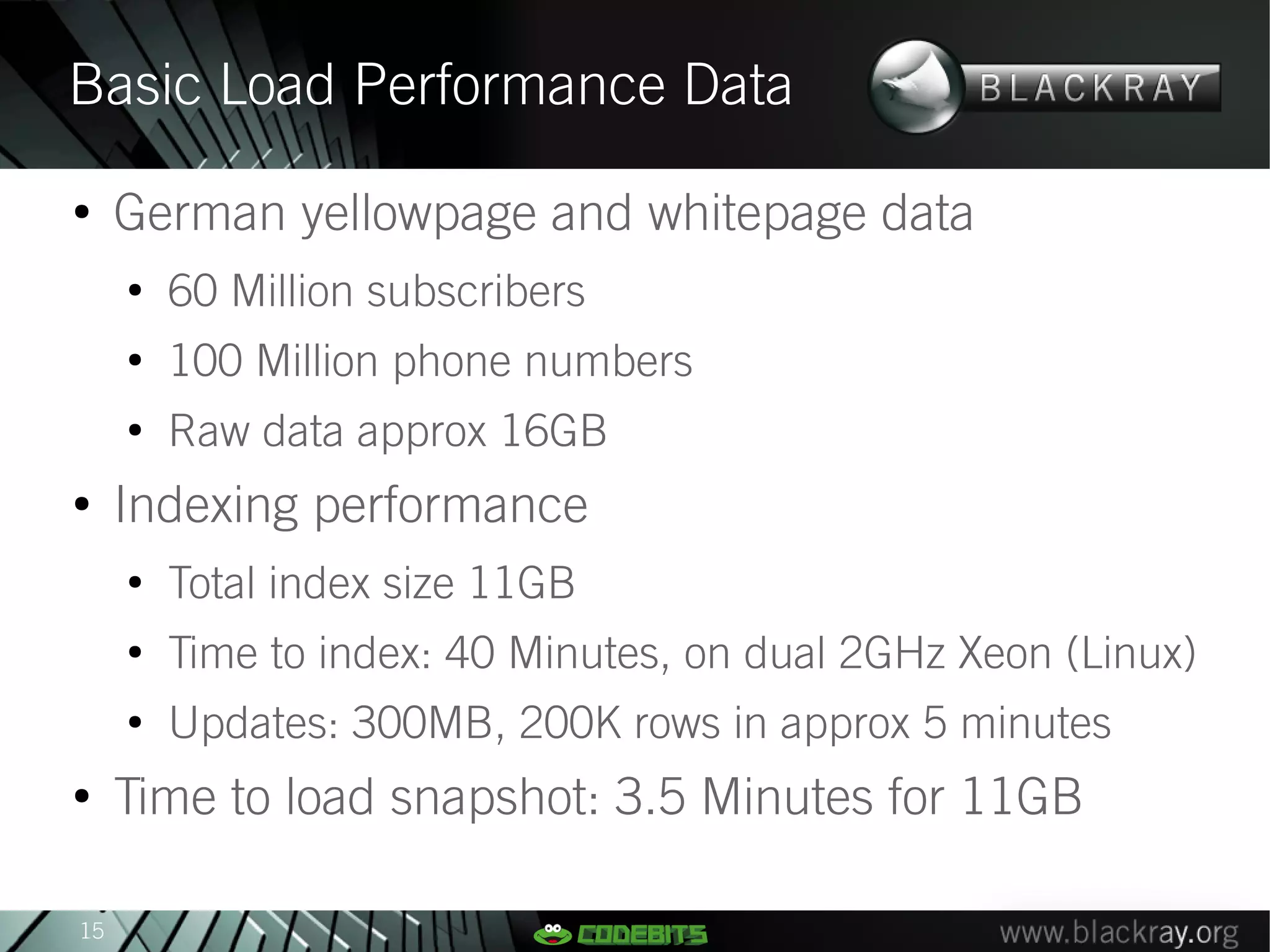 Basic Load Performance Data
●
     German yellowpage and whitepage data
     ●
         60 Million subscribers
     ●
         100 Million phone numbers
     ●
         Raw data approx 16GB
●
     Indexing performance
     ●
         Total index size 11GB
     ●
         Time to index: 40 Minutes, on dual 2GHz Xeon (Linux)
     ●
         Updates: 300MB, 200K rows in approx 5 minutes
●
     Time to load snapshot: 3.5 Minutes for 11GB

15
 
