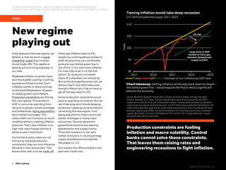 3
3 2022 midyear outlook
3 2023 outlook
FOR PUBLIC DISTRIBUTION IN THE U.S., CANADA, LATIN AMERICA, HONG KONG, SINGAPORE AND AUSTRALIA.
FOR INSTITUTIONAL, PROFESSIONAL, QUALIFIED INVESTORS AND QUALIFIED CLIENTS IN OTHER PERMITTED COUNTRIES.
New regime
playing out
A key feature of the new regime, we
believe, is that we are in a world
shaped by supply that involves
brutal trade-offs. This regime is
playing out and not going away, in
our view.
Repeatedinflation surprises have
sent bond yields soaring, crushing
equities and fixed income. Such
volatility stands in sharp contrast
to the Great Moderation, 40 years
of steady growth and inflation.
Production constraints are driving
this new regime: The pandemic
shift in consumer spending from
services to goods caused shortages
and bottlenecks.Aging populations
led to worker shortages. This
means DMs can’t produce as much
as before without creatinginflation
pressure. That’s why inflation is so
high now, even though activity is
below its pre-Covid trend.
Centralbank policy rates are not
the tool to resolve production
constraints; they can only influence
demand in their economies. That
leaves them with a brutal trade-off.
Either get inflation back to 2%
targets by crushing demand down to
what the economy can comfortably
produce now (dotted green line in
the chart), or live with more inflation.
For now, they’re all in on the first
option. So recession is foretold.
Signs of a slowdown are emerging.
But as the damage becomes real, we
believe they’ll stop their hikes even
though inflation won’t be on track to
get all the way down to 2%.
Some production constraintscould
ease as spending normalizes. But we
see three long-term trends keeping
production capacity constrainedand
cementing the new regime. First,
aging populations mean continued
worker shortagesin many major
economies. Second, persistent
geopolitical tensions are rewiring
globalization and supply chains.
Third, the transition to net-zero
carbon emissions is causing energy
supply and demand mismatches.
See pages 11-13.
Our bottom line: What worked in the
past won’t work now.
Production constraints are fueling
inflation and macro volatility. Central
banks cannot solve these constraints.
That leaves them raising rates and
engineering recessions to fight inflation.
Intro U.S. GDP and potential supply, 2017-2025
Sources: BlackRock Investment Institute and U.S. Bureau of Economic Analysis, with data from Haver
Analytics, November 2022.Notes: The chart shows demand in the economy, measured by real GDP (in
orange) and our estimateof pre-Covid trend growth (in yellow).The green dottedline shows our estimate of
current production capacity, derived by how much core PCE inflation has exceededthe Federal Reserve’s 2%
inflation target. When then gauge how far activity (orange line) would have to fall to close the gap with where
production capacity (green dotted line),will be by the end of 2023 assuming somerecovery in production
capacity. We estimatea 2% drop in GDP between Q3 2022 and Q3 2023 (orange dottedline). Forward-
lookingestimatesmay not come to pass.
Taming inflation would take deep recession
Chart takeaway: Getting inflation all the way back down to target –
the dotted green line – would require the Fed to deal a significant
blow to the economy.
90
95
100
105
110
2017 2019 2021 2023 2025
Index
Trend GDP Estimate of non-inflationary GDP level
Large drop in GDP
needed to close gap
between demand and
supply in 2023
2% fall
BIIM1122U/M-2612147-3/16
 