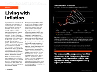 7
7 2022 midyear outlook
7 2023 outlook
FOR PUBLIC DISTRIBUTION IN THE U.S., CANADA, LATIN AMERICA, HONG KONG, SINGAPORE AND AUSTRALIA.
FOR INSTITUTIONAL, PROFESSIONAL, QUALIFIED INVESTORS AND QUALIFIED CLIENTS IN OTHER PERMITTED COUNTRIES.
Theme 3
Persistent inflation
Living with
inflation
High inflation has sparked cost-of-
living crises, putting pressure on
central banks to tame inflation –
whateverit takes. Yet there has
been little debate about the
damage to growth and jobs.
We think the “politics of inflation”
narrative is on the cusp of
changing. The cycle of outsized
rate hikes will stop without inflation
being back on track to return fully
to 2% targets, in our view. As the
damage becomes clear, the
“politics of recession” will take over.
Plus, central banks may be forced
to stop tightening to prevent
financial cracks from becoming
floodgates, as seen in the UK when
investors took fright of fiscal
stimulus plans. Result? Even with a
recession coming, we think we are
going to be living with inflation.
We do see inflation cooling as
spending patterns normalize and
energy prices relent – but we see it
persisting above policy targetsin
coming years. More volatile and
persistent inflation is not yet priced
in by markets, we think.
We stay overweight inflation-linked
bonds and like real assets. The old
playbook principle that recession
drives below-targetinflation and
looser monetary policy is gone.
Beyond Covid-relatedsupply
disruptions, we see three long-term
constraints keeping the new regime
in place and inflation above pre-
pandemic levels: aging populations,
geopolitical fragmentationand the
transition to a lower-carbon world.
Our strategic views have reflectedthe
new regime, with an overweight to
inflation-protectedbonds for a few
years now. Market expectationsand
economist forecasts have only
recently started to appreciatethat
inflation will be more persistent. See
the gray lines in the chart. We think
the old playbook means markets
underappreciateinflation. See the
yellow dot. The market’s wishful
thinking on inflation is why we have a
high conviction, maximum
overweight to inflation-linked bonds
in strategic portfolios and maintain a
tactical overweight no matter how the
new regime plays out.
We see central banks pausing rate hike
campaigns once the damage becomes
clearer. Long-term drivers of the new
regime will keep inflation persistently
higher, in our view.
U.S. core CPI inflation, forecasts and breakevenrates, 2020-2025
Sources: BlackRock Investment Institute, with data from Refinitiv Datastream, November 2022.Note: The
gray lines show consensus economist projections of CPI inflationpolledby Reuters. The yellowdot shows
current market impliedfive-year-aheadinflation expectations.Forward lookingestimatesmay not come to
pass.
Wishful thinking on inflation
Chart takeaway: Consensus forecasts have kept underestimating
how high inflation would go – and at first overestimatedhow quickly
it would return closer to pre-pandemic levels. We think inflation will
be persistently higher, unlike market pricing.
0
2
4
6
2020 2021 2022 2023 2024 2025
Core
CPI
(%)
Reported U.S. core CPI Economist median forecasts
Current 5-year breakeven
BIIM1122U/M-2612147-7/16
 