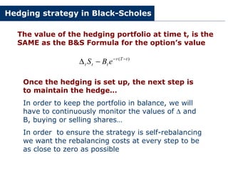 Hedging strategy in Black-Scholes
)
( t
T
r
t
t
t e
B
S −
−
−
∆
The value of the hedging portfolio at time t, is the
SAME as the B&S Formula for the option’s value
Once the hedging is set up, the next step is
to maintain the hedge…
In order to keep the portfolio in balance, we will
have to continuously monitor the values of ∆ and
B, buying or selling shares…
In order to ensure the strategy is self-rebalancing
we want the rebalancing costs at every step to be
as close to zero as possible
 
