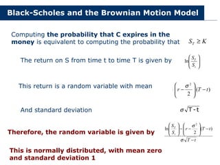 Black-Scholes and the Brownian Motion Model
Computing the probability that C expires in the
money is equivalent to computing the probability that K
ST ≥
The return on S from time t to time T is given by 







t
T
S
S
ln
This return is a random variable with mean )
(
2
2
t
T
r −








−
σ
n
And standard deviation t
-
T
σ
Therefore, the random variable is given by
t
T
t
T
r
S
S
t
T
−
−








−
−








σ
σ
)
(
2
ln
2
This is normally distributed, with mean zero
and standard deviation 1
 