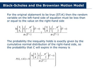 Black-Scholes and the Brownian Motion Model
For the original statement to be true (ST≥K) then the random
variable on the left-hand side of equation must be less than
or equal to the value on the right-hand side
The probability the inequality holds is exactly given by the
cumulative normal distribution of the right-hand side, so
the probability that C will expire in the money is
t
T
t
T
r
K
S
t
T
t
T
r
S
S t
T
t
−
−








−
+






≤
−
−








−
+








σ
σ
σ
σ
)
(
2
ln
)
(
2
ln
2
2














−
−








−
+






=
≤
t
T
t
T
r
K
S
N
K
S
P
t
T
σ
σ
)
(
2
ln
)
(
2
 