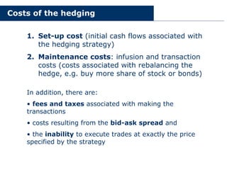 Costs of the hedging
1. Set-up cost (initial cash flows associated with
the hedging strategy)
2. Maintenance costs: infusion and transaction
costs (costs associated with rebalancing the
hedge, e.g. buy more share of stock or bonds)
In addition, there are:
• fees and taxes associated with making the
transactions
• costs resulting from the bid-ask spread and
• the inability to execute trades at exactly the price
specified by the strategy
 