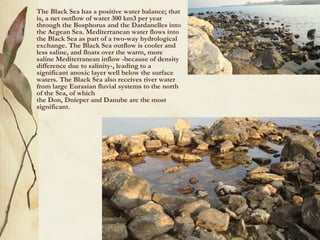 •   The Black Sea has a positive water balance; that
    is, a net outflow of water 300 km3 per year
    through the Bosphorus and the Dardanelles into
    the Aegean Sea. Mediterranean water flows into
    the Black Sea as part of a two-way hydrological
    exchange. The Black Sea outflow is cooler and
    less saline, and floats over the warm, more
    saline Mediterranean inflow -because of density
    difference due to salinity-, leading to a
    significant anoxic layer well below the surface
    waters. The Black Sea also receives river water
    from large Eurasian fluvial systems to the north
    of the Sea, of which
    the Don, Dnieper and Danube are the most
    significant.
 