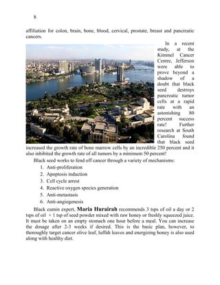 8
affiliation for colon, brain, bone, blood, cervical, prostate, breast and pancreatic
cancers.
In a recent
study, at the
Kimmel Cancer
Centre, Jefferson
were able to
prove beyond a
shadow of a
doubt that black
seed destroys
pancreatic tumor
cells at a rapid
rate with an
astonishing 80
percent success
rate! Further
research at South
Carolina found
that black seed
increased the growth rate of bone marrow cells by an incredible 250 percent and it
also inhibited the growth rate of all tumors by a minimum 50 percent!
Black seed works to fend off cancer through a variety of mechanisms:
1. Anti-proliferation
2. Apoptosis induction
3. Cell cycle arrest
4. Reactive oxygen species generation
5. Anti-metastasis
6. Anti-angiogenesis
Black cumin expert, Maria Hurairah recommends 3 tsps of oil a day or 2
tsps of oil + 1 tsp of seed powder mixed with raw honey or freshly squeezed juice.
It must be taken on an empty stomach one hour before a meal. You can increase
the dosage after 2-3 weeks if desired. This is the basic plan, however, to
thoroughly target cancer olive leaf, luffah leaves and energizing honey is also used
along with healthy diet.
 