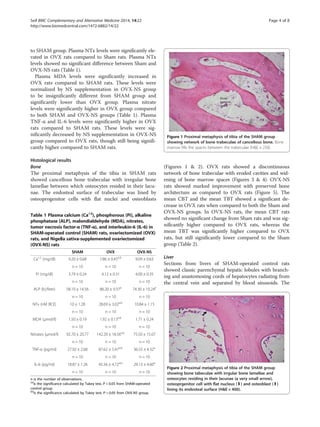 to SHAM group. Plasma NTx levels were significantly ele-
vated in OVX rats compared to Sham rats. Plasma NTx
levels showed no significant difference between Sham and
OVX-NS rats (Table 1).
Plasma MDA levels were significantly increased in
OVX rats compared to SHAM rats. These levels were
normalized by NS supplementation in OVX-NS group
to be insignificantly different from SHAM group and
significantly lower than OVX group. Plasma nitrate
levels were significantly higher in OVX group compared
to both SHAM and OVX-NS groups (Table 1). Plasma
TNF-α and IL-6 levels were significantly higher in OVX
rats compared to SHAM rats. These levels were sig-
nificantly decreased by NS supplementation in OVX-NS
group compared to OVX rats, though still being signifi-
cantly higher compared to SHAM rats.
Histological results
Bone
The proximal metaphysis of the tibia in SHAM rats
showed cancellous bone trabeculae with irregular bone
lamellae between which osteocytes resided in their lacu-
nae. The endosteal surface of trabeculae was lined by
osteoprogenitor cells with flat nuclei and osteoblasts
(Figures 1  2). OVX rats showed a discontinuous
network of bone trabeculae with eroded cavities and wid-
ening of bone marrow spaces (Figures 3  4). OVX-NS
rats showed marked improvement with preserved bone
architecture as compared to OVX rats (Figure 5). The
mean CBT and the mean TBT showed a significant de-
crease in OVX rats when compared to both the Sham and
OVX-NS groups. In OVX-NS rats, the mean CBT rats
showed no significant change from Sham rats and was sig-
nificantly higher compared to OVX rats, whereas the
mean TBT was significantly higher compared to OVX
rats, but still significantly lower compared to the Sham
group (Table 2).
Liver
Sections from livers of SHAM-operated control rats
showed classic parenchymal hepatic lobules with branch-
ing and anastomosing cords of hepatocytes radiating from
the central vein and separated by blood sinusoids. The
Table 1 Plasma calcium (Ca+2
), phosphorous (Pi), alkaline
phosphatase (ALP), malondialdehyde (MDA), nitrates,
tumor necrosis factor-α (TNF-α), and interleukin-6 (IL-6) in
SHAM-operated control (SHAM) rats, ovariectomized (OVX)
rats, and Nigella sativa-supplemented ovariectomized
(OVX-NS) rats
SHAM OVX OVX-NS
Ca+2
(mg/dl) 9.20 ± 0.68 7.86 ± 0.45a,b
9.09 ± 0.63
n = 10 n = 10 n = 10
Pi (mg/dl) 3.79 ± 0.24 4.12 ± 0.31 4.00 ± 0.35
n = 10 n = 10 n = 10
ALP (IU/liter) 58.10 ± 14.56 86.20 ± 9.37a
74.30 ± 10.24a
n = 10 n = 10 n = 10
NTx (nM BCE) 10 ± 1.28 28.69 ± 3.02a,b
10.84 ± 1.15
n = 10 n = 10 n = 10
MDA (μmol/l) 1.50 ± 0.19 1.92 ± 0.13a,b
1.71 ± 0.24
n = 10 n = 10 n = 10
Nitrates (μmol/l) 92.70 ± 20.77 142.20 ± 18.56a,b
75.50 ± 15.07
n = 10 n = 10 n = 10
TNF-α (pg/ml) 27.92 ± 2.68 87.62 ± 5.47a,b
36.55 ± 4.32a
n = 10 n = 10 n = 10
IL-6 (pg/ml) 18.87 ± 1.26 45.56 ± 4.72a,b
29.13 ± 4.60a
n = 10 n = 10 n = 10
n is the number of observations.
(a)
is the significance calculated by Tukey test, P  0.05 from SHAM-operated
control group.
(b)
is the significance calculated by Tukey test, P  0.05 from OVX-NS group.
Figure 1 Proximal metaphysis of tibia of the SHAM group
showing network of bone trabeculae of cancellous bone. Bone
marrow fills the spaces between the trabeculae (HE × 250).
Figure 2 Proximal metaphysis of tibia of the SHAM group
showing bone tabeculae with irrgular bone lamellae and
osteocytes residing in their lacunae (a very small arrow),
osteoprgenitor cell with flat nucleus (⬍) and osteoblast (⬆)
lining its endosteal surface (HE × 400).
Seif BMC Complementary and Alternative Medicine 2014, 14:22 Page 4 of 8
http://www.biomedcentral.com/1472-6882/14/22
 