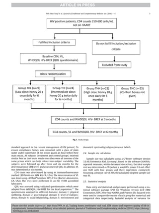 standard approach in the current management of HIV patient). To
ensure compliance, honey was consumed with a glass of plain
water under supervision of the prison guard, an hour before their
main meals. All subjects (treatment and control groups) received
similar food as their main meals since they were all inmates of the
same prison which can help reduce inter-subject variability. The
subjects were followed up after three and six months for the
determination of CD4 levels and assessment of QOL. In addition, VL
was determined at six months.
CD4 count was determined by using an immunoﬂuorescence
method (BD Multi-test IMK Kit CA, USA). The determination of VL
was done using a COBAS®
Amplicor HIV-1 Test (Roche Laboratories,
CA, USA). The tests were performed in an ISO 15189 accredited
laboratory.
QOL was assessed using validated questionnaires which were
adapted from WHOQOL HIV-BREF for the local population.27
The
questionnaire assessed six different domains; domain 1: physical
wellbeing, domain 2: psychological, domain 3: level of indepen-
dence, domain 4: social relationship, domain 5: environment and
domain 6: spirituality/religion/personal beliefs.
2.4. Sample size calculation
Sample size was calculated using a G*Power software version
3.0.10 (Universitat Kiel, Germany). Based on the software (ANOVA:
repeated measures, within-between interaction), the ideal sample
size was determined as 76 (where a was 0.05, power 0.9 and effect
size 0.20 with four groups and three repetitions conducted).
Assuming a dropout rate of 20%, the calculated targeted sample size
was 91.
2.5. Statistical analysis
Data entry and statistical analysis were performed using a sta-
tistical software package SPSS for Windows version 22.0 (IBM
Corporation, USA). One-way ANOVA and Pearson Chi Squared tests
were used to compare the means of each group for numerical and
categorical data respectively. Factorial analysis of variance for
Fig. 1. Study design.
W.N. Wan Yusuf et al. / Journal of Traditional and Complementary Medicine xxx (2018) 1e8 3
Please cite this article in press as: Wan Yusuf WN, et al., Tualang honey ameliorates viral load, CD4 counts and improves quality of life in
asymptomatic human immunodeﬁciency virus infected patients, Journal of Traditional and Complementary Medicine (2018), https://doi.org/
10.1016/j.jtcme.2018.05.003
 