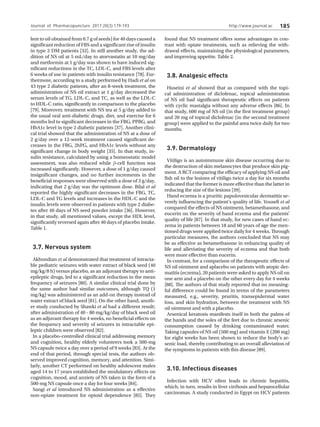 http://www.journal.ac 185
lent to oil obtained from 0.7 g of seeds) for 40 days caused a
significant reduction of FBS and a significant rise of insulin
in type 2 DM patients [32]. In still another study, the ad-
dition of NS oil at 5 mL/day to atorvastatin at 10 mg/day
and metformin at 1 g/day was shown to have induced sig-
nificant reductions in the TC, LDL-C, and FBS levels after
6 weeks of use in patients with insulin resistance [78]. Fur-
thermore, according to a study performed by Hadi et al on
43 type 2 diabetic patients, after an 8-week treatment, the
administration of NS oil extract at 1 g/day decreased the
serum levels of TG, LDL-C, and TC, as well as the LDL-C
to HDL-C ratio, significantly in comparison to the placebo
[79]. Moreover, treatment with NS tea at 5 g/day added to
the usual oral anti-diabetic drugs, diet, and exercise for 6
months led to significant decreases in the FBG, PPBG, and
HbA1c level in type 2 diabetic patients [37]. Another clini-
cal trial showed that the administration of NS at a dose of
2 g/day over a 12-week treatment caused significant de-
creases in the FBG, 2hPG, and HbA1c levels without any
significant change in body weight [35]. In that study, in-
sulin resistance, calculated by using a homeostatic model
assessment, was also reduced while β-cell function was
increased significantly. However, a dose of 1 g/day caused
insignificant changes, and no further increments in the
beneficial responses were observed with a dose of 3 g/day,
indicating that 2 g/day was the optimum dose. Bilal et al
reported the highly significant decreases in the FBG, TC,
LDL-C and TG levels and increases in the HDL-C and the
insulin levels were observed in patients with type 2 diabe-
tes after 40 days of NS seed powder intake [36]. However,
in that study, all mentioned values, except the HDL level,
significantly reversed again after 40 days of placebo intake.
Table 1.
3.7. Nervous system
Akhondian et al demonstrated that treatment of intracta-
ble pediatric seizures with water extract of black seed (40
mg/kg/8 h) versus placebo, as an adjuvant therapy to anti-
epileptic drugs, led to a significant reduction in the mean
frequency of seizures [80]. A similar clinical trial done by
the same author had similar outcomes, although TQ (1
mg/kg) was administered as an add-on therapy instead of
water extract of black seed [81]. On the other hand, anoth-
er study conducted by Shawki et al had a different result;
after administration of 40 - 80 mg/kg/day of black seed oil
as an adjuvant therapy for 4 weeks, no beneficial effects on
the frequency and severity of seizures in intractable epi-
leptic children were observed [82].
In a placebo-controlled clinical trial addressing memory
and cognition, healthy elderly volunteers took a 500-mg
NS capsule twice a day over a period of 9 weeks [83]. At the
end of that period, through special tests, the authors ob-
served improved cognition, memory, and attention. Simi-
larly, another CT performed on healthy adolescent males
aged 14 to 17 years established the modulatory effects on
cognition, mood, and anxiety of NS taken in the form of a
500-mg NS capsule once a day for four weeks [84].
Sangi et al introduced NS administration as a effective
non-opiate treatment for opioid dependence [85]. They
found that NS treatment offers some advantages in con-
trast with opiate treatments, such as relieving the with-
drawal effects, maintaining the physiological parameters,
and improving appetite. Table 2.
3.8. Analgesic effects
Huseini et al showed that as compared with the topi-
cal administration of diclofenac, topical administration
of NS oil had significant therapeutic effects on patients
with cyclic mastalgia without any adverse effects [86]. In
that study, 600 mg of NS oil (in the first treatment group)
and 20 mg of topical diclofenac (in the second treatment
group) were applied to the painful area twice daily for two
months.
3.9. Dermatology
Vitiligo is an autoimmune skin disease occurring due to
the destruction of skin melanocytes that produce skin pig-
ment. A RCT comparing the efficacy of applying NS oil and
fish oil to the lesions of vitiligo twice a day for six months
indicated that the former is more effective than the latter in
reducing the size of the lesions [39].
Hand eczema is a pruritic papulovesicular dermatitis se-
verely influencing the patient's quality of life. Yousefi et al
compared the effects of NS ointment, betamethasone, and
eucerin on the severity of hand eczema and the patients'
quality of life [87]. In that study, for new cases of hand ec-
zema in patients between 18 and 60 years of age the men-
tioned drugs were applied twice daily for 4 weeks. Through
particular measures, the authors concluded that NS may
be as effective as betamethasone in enhancing quality of
life and alleviating the severity of eczema and that both
were more effective than eucerin.
In contrast, for a comparison of the therapeutic effects of
NS oil ointment and aplacebo on patients with atopic der-
matitis (eczema), 20 patients were asked to apply NS oil on
one arm and a placebo on the other every day for 4 weeks
[88]. The authors of that study reported that no meaning-
ful difference could be found in terms of the parameters
measured, e.g., severity, pruritis, transepidermal water
loss, and skin hydration, between the treatment with NS
oil ointment and with a placebo.
Arsenical keratosis manifests itself in both the palms of
the hands and the soles of the feet due to chronic arsenic
consumption caused by drinking contaminated water.
Taking capsules of NS oil (500 mg) and vitamin E (200 mg)
for eight weeks has been shown to reduce the body’s ar-
senic load, thereby contributing to an overall alleviation of
the symptoms in patients with this disease [89].
3.10. Infectious diseases
Infection with HCV often leads to chronic hepatitis,
which, in turn, results in liver cirrhosis and hepatocellular
carcinomas. A study conducted in Egypt on HCV patients
Journal of Pharmacopuncture 2017;20(3):179-193
 