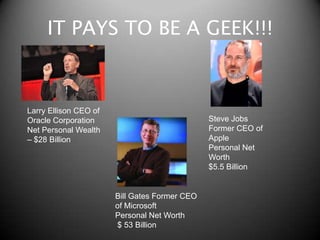 A more recent school of thought sees nerd as being a derogatory phrase, whilst geek is simply a description. It is taken to be someone who is an enthusiast, often in things outside of the mainstream spectrum, of note is that in this definition, there is no reference to being socially inept in the slightest.			Wikipedia