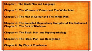 Chapter 1: The Black Man and Language
Chapter 2 : The Women of Colour and The White Man
Chapter 3 : The Man of Colour and The White Man
Chapter 4 : The So-called Dependency Complex of The Colonized
Chapter 5 : The Fact of Blackness
Chapter 6 : The Black Man and Psychopathology
Chapter 7 : The Black Man and Recognition
Chapter 8 : By Way of Conclusion
 