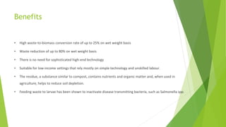 Benefits
• High waste-to-biomass conversion rate of up to 25% on wet weight basis
• Waste reduction of up to 80% on wet weight basis
• There is no need for sophisticated high-end technology
• Suitable for low-income settings that rely mostly on simple technology and unskilled labour.
• The residue, a substance similar to compost, contains nutrients and organic matter and, when used in
agriculture, helps to reduce soil depletion.
• Feeding waste to larvae has been shown to inactivate disease transmitting bacteria, such as Salmonella spp.
 